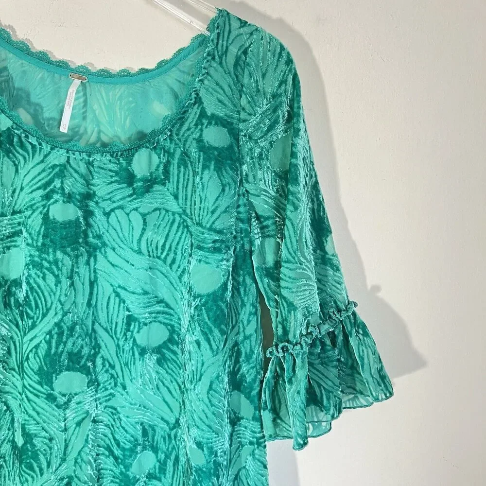 Free People Green zen garden peacock velvet Tunic mini dress Ruffles XS - Picture 3 of 8